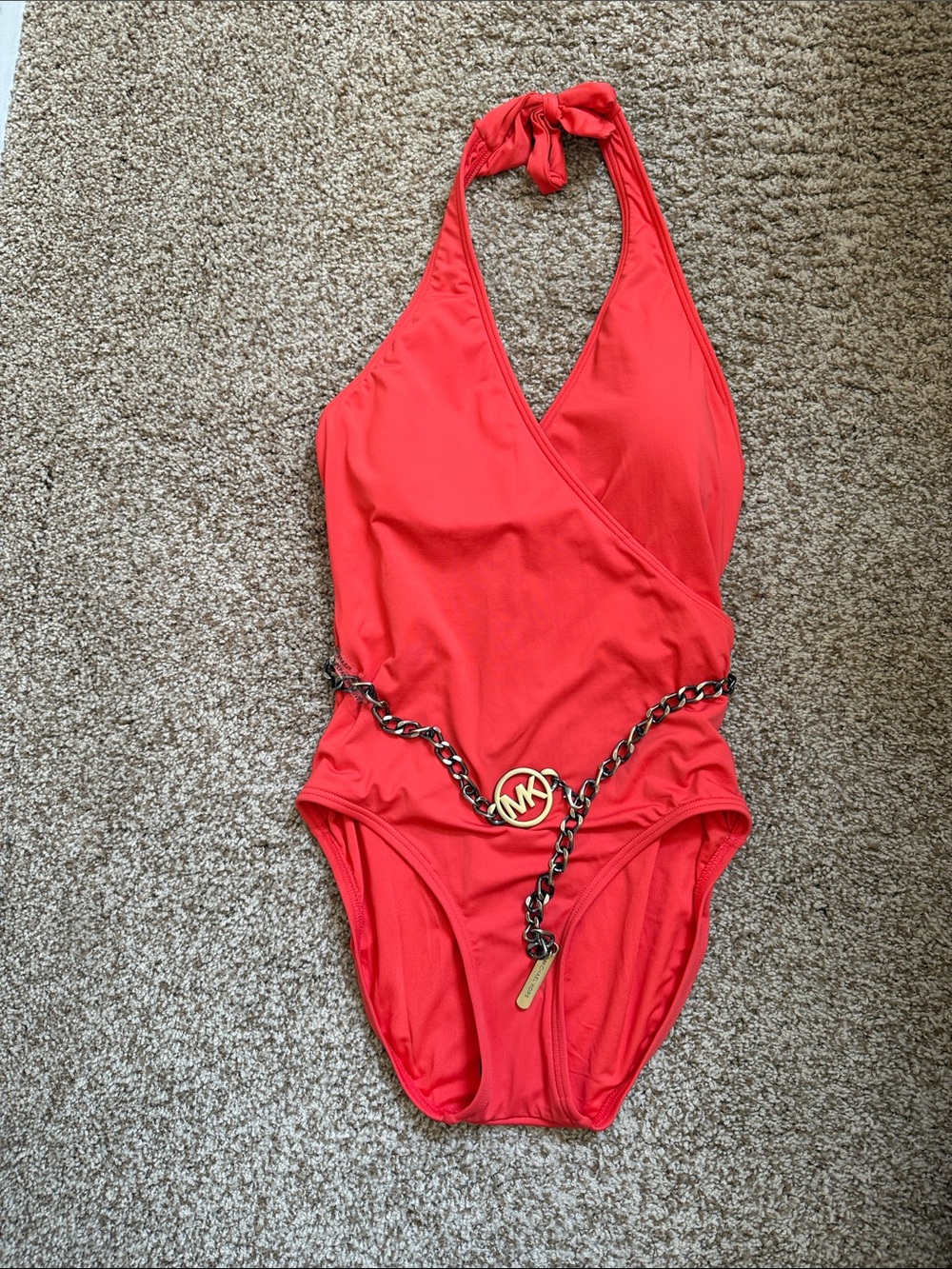 🌸 Michael Kors: Red Women's Halter One-Piece Swimsuit with Gold Logo Chain